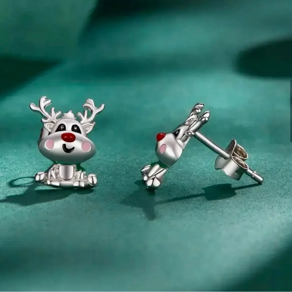 Silver Reindeer Christmas Earrings-NIP
